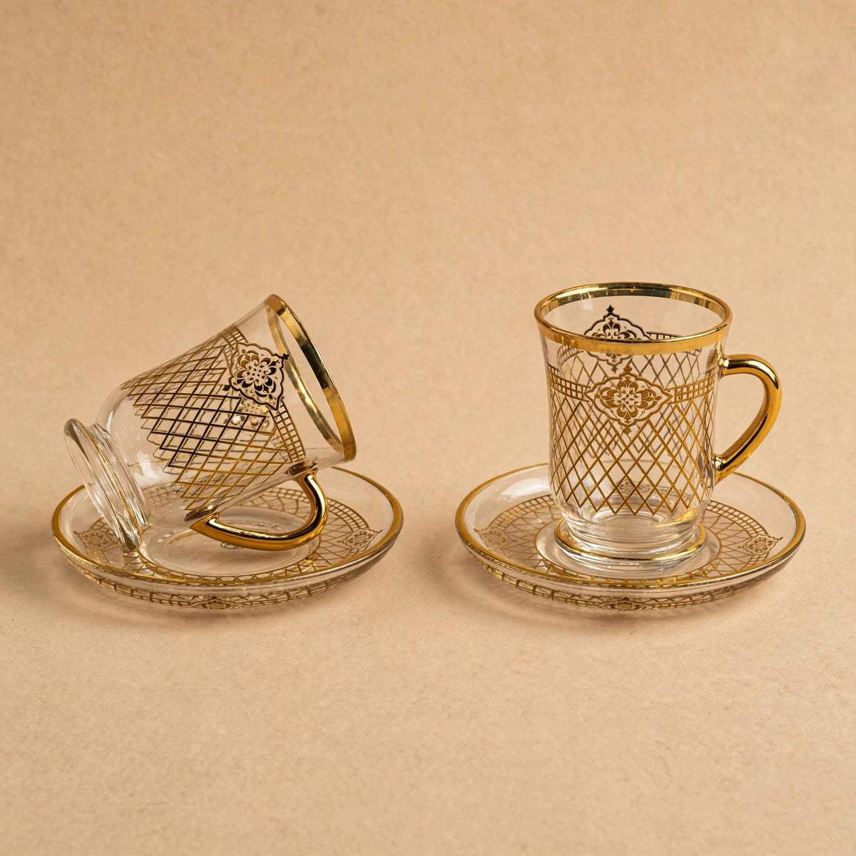 Glass Tea Cups & Saucers 12 Pcs Set Gold Pattern