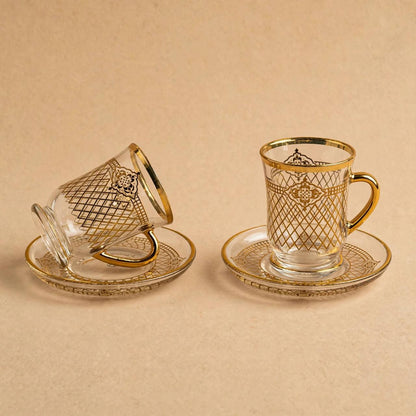 Glass Tea Cups & Saucers 12 Pcs Set Gold Pattern