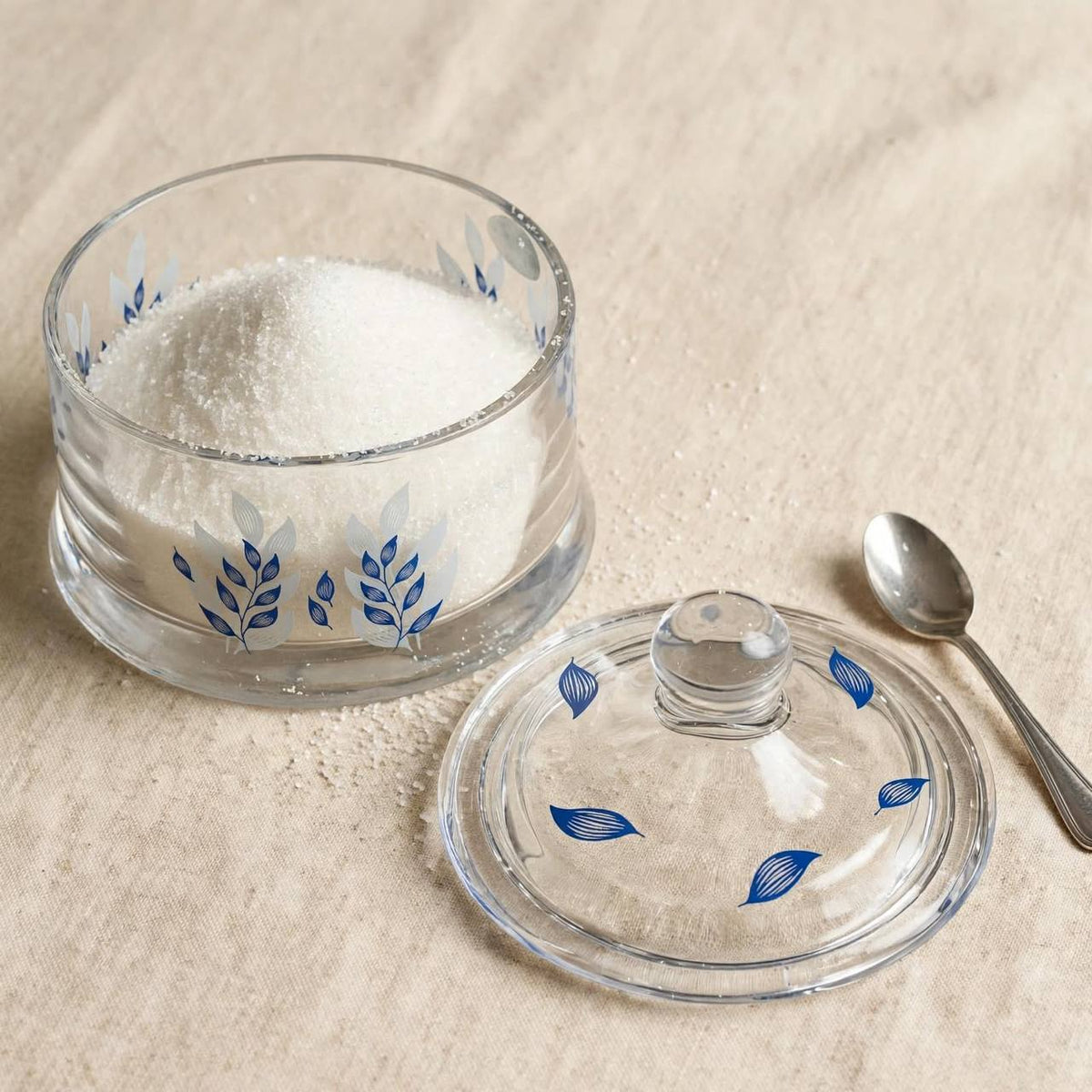 Blue Foliage Printed Glass Sugar Bowl with Lid – 12x10cm