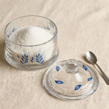 Blue Foliage Printed Glass Sugar Bowl with Lid – 12x10cm