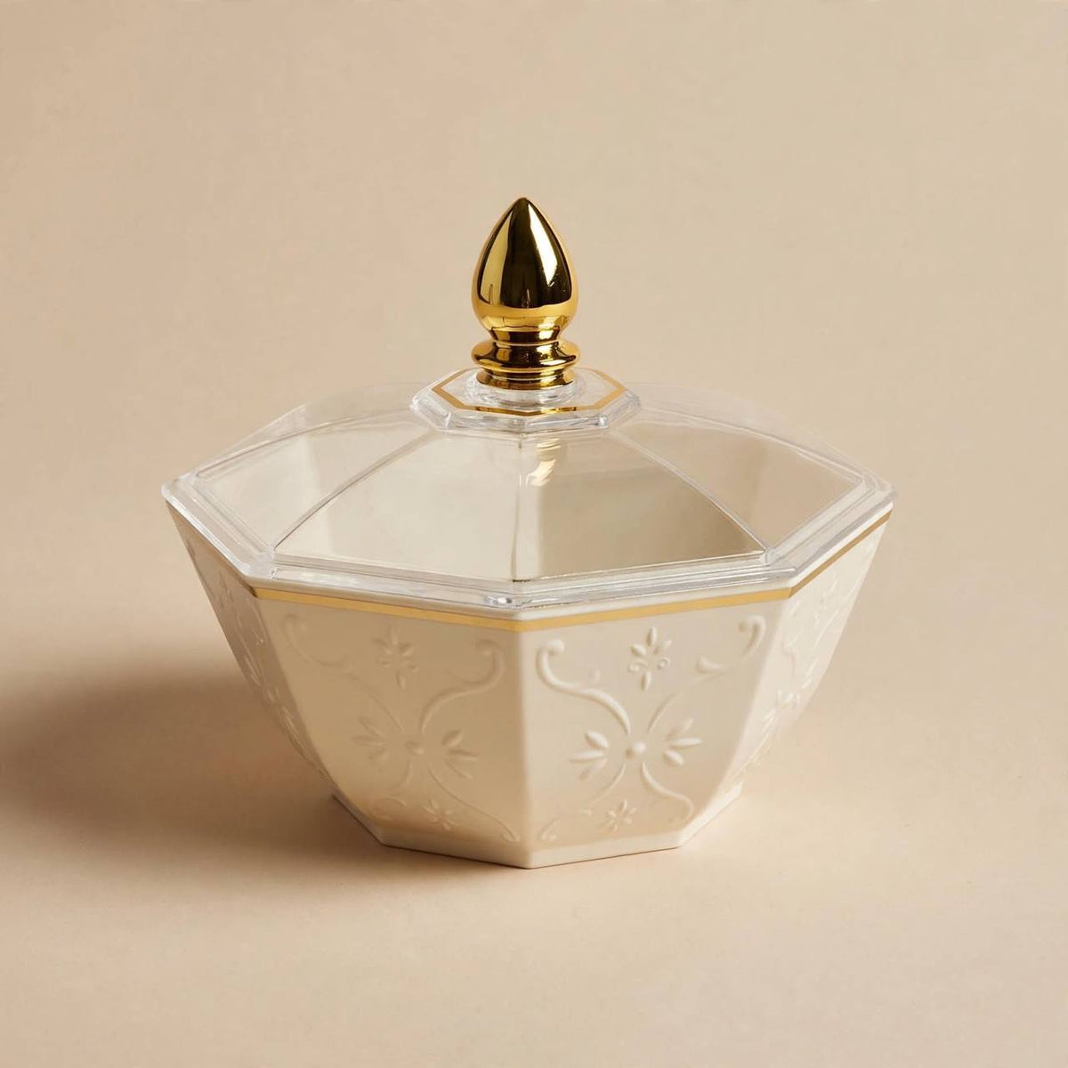 Luxury Octagonal Embossed Floral Date Bowl with Clear Lid – 12x12.5cm