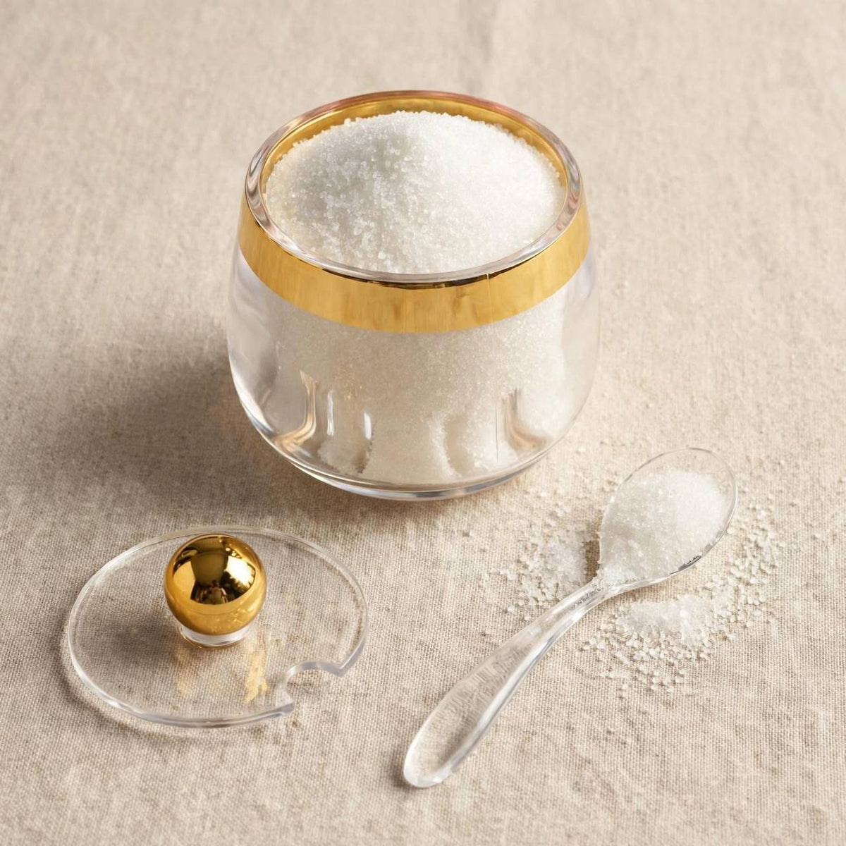 Modern Clear Acrylic Sugar Pot with Wide Gold Rim, Sphere Lid & Spoon – 9x7cm