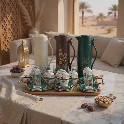 Heritage 3-Carafe Hospitality Set (Tea, Coffee & Karak) with Wooden Tray