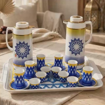 Royal Blue & Sun-Yellow Geometric Tea & Coffee Hospitality Set with Matching Serving Tray