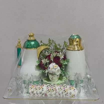 Emerald Green & Gold Tea and Coffee Set with Acrylic Tray & Floral Accent