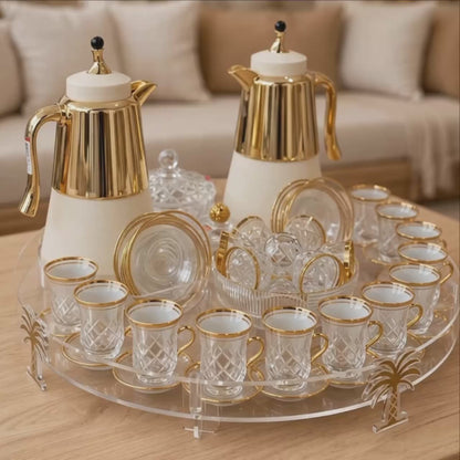 Royal Gold & Crystal Cut Tea & Coffee Hospitality Set with Custom Palm-Tree Acrylic Organizer Tray, Sugar Pot & Date Bowls
