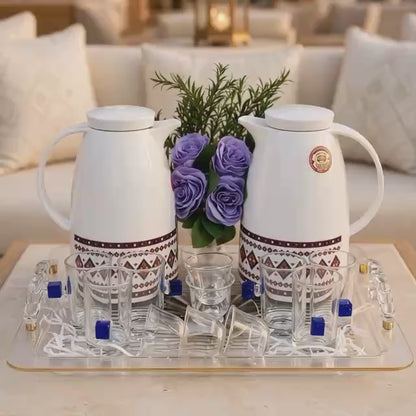 Contemporary Sadu Motif Tea & Coffee Hospitality Set with Cobalt Cube Glass Cups, Fluted Acrylic Tray & Purple Rose Centerpiece (1.0L + 1.0L)