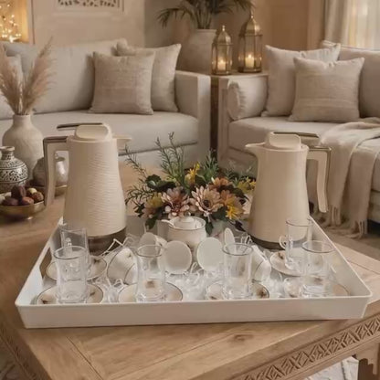 Modern Beige Wave Tea & Coffee Hospitality Set with Floral Porcelain, Sugar Pot, White Serving Tray & Autumn Centerpiece