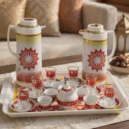 Heritage Crimson & Gold Geometric Tea & Coffee Hospitality Set with Sugar Bowl & Serving Tray