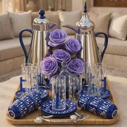 Royal Tea & Coffee Hospitality Gift Set – Dual Silver & Cobalt Blue Flasks, 6 Cawa Cups, 6 Tea Glasses with Saucers, Carved Bamboo Tray & Floral Accent