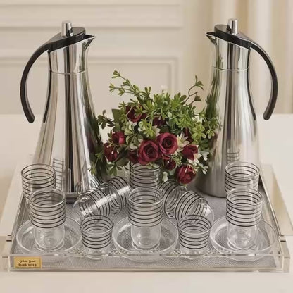 Silver & Black-Striped Glass Tea & Coffee Hospitality Set with Acrylic Tray & Floral Accent