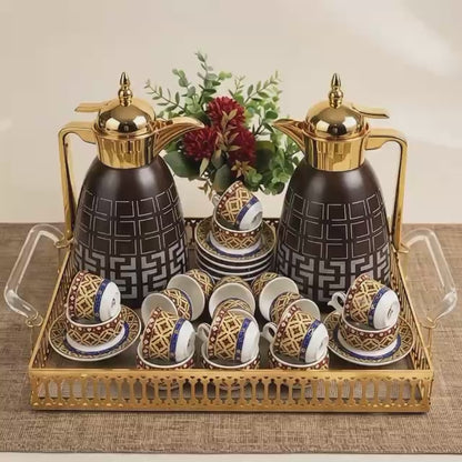 Luxury Tea & Coffee Set with Gold Tray & Floral Accent (Brown & Gold)